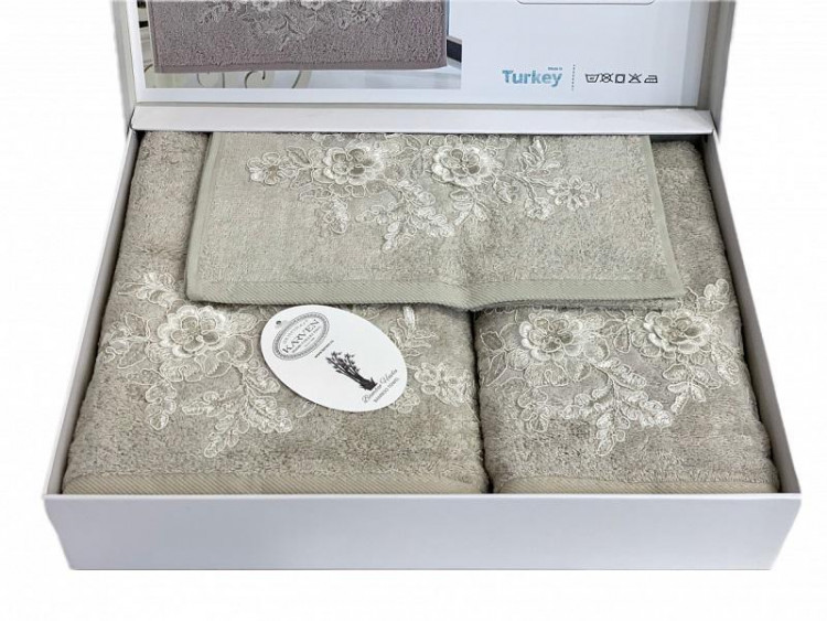 Набор полотенец махровых бамбуковых с гипюром в коробке KARVEN HS1717 FLOWERS V1 бежевый 30х50 (1шт), 50х90 (1шт), 70х140 (1шт)