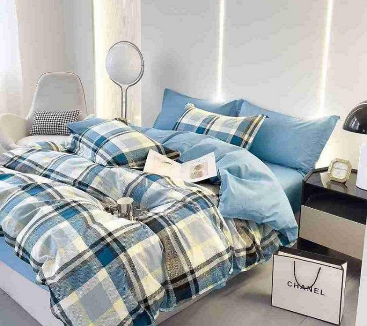 Постельное белье из сатина АЛЬВИТЕК клетка голубое 1,5-спальное