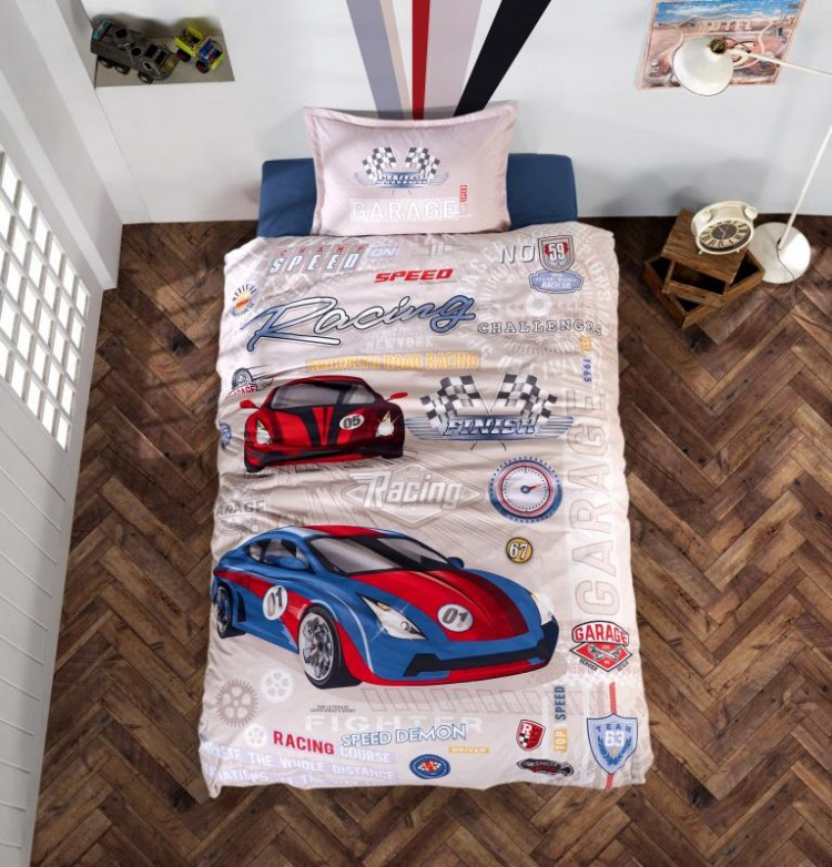 Покрывало детское из хлопка стеганое KARVEN Y923/1 GARAGE V1 MAVI 180х240 с наволочкой 50х70