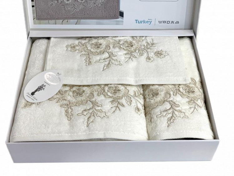 Набор полотенец махровых бамбуковых с гипюром в коробке KARVEN HS1717 FLOWERS V2 кремовый 30х50 (1шт), 50х90 (1шт), 70х140 (1шт)