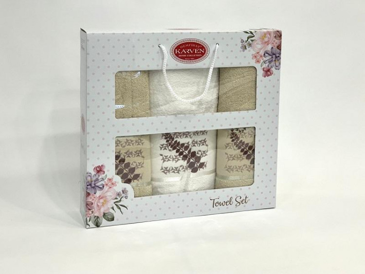 Набор полотенец махровых хлопковых KARVEN HS1623 KIVRIMLI YAPRAK V2 бежевый 50х90 (2шт), 70х140 (1шт)