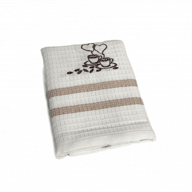 Набор кухонных полотенец вафельных хлопковых KARVEN HM779 КОФЕ С СЕРДЕЧКАМИ V1 бежевый 50х75 (12шт)