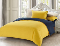 Постельное белье с простыней на резинке из сатина TANGO желтое-синее евро
