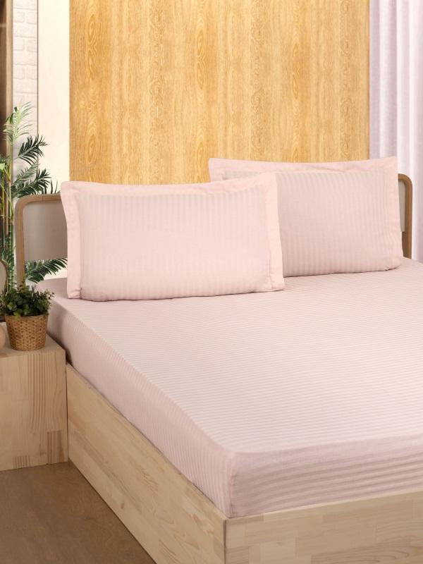 Простыня на резинке из страйп-сатина KARVEN P935 персиковая 100х200х33 с наволочкой 50х70