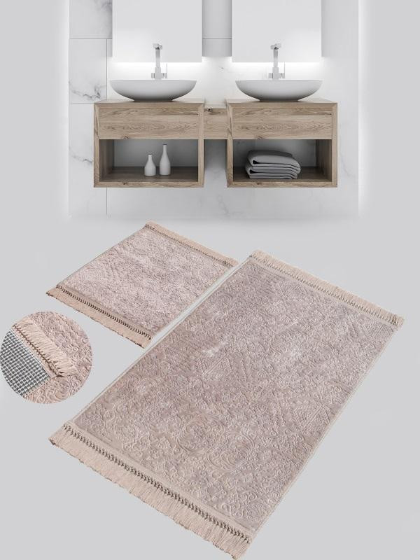 Набор ковриков для ванной софт жаккард с бахромой KARVEN KV416 BUKET SACAKLI темно-бежевый 50х60 (1шт), 60х100 (1шт)