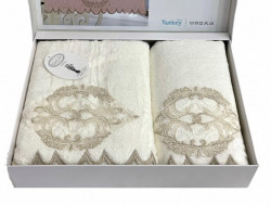 Набор полотенец махровых бамбуковых с гипюром в коробке KARVEN HS1716 DAMASK V2 кремовый 50х90 (1шт), 70х140 (1шт)