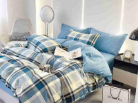 Постельное белье из сатина АЛЬВИТЕК клетка голубое семейное