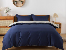 Постельное белье с простыней на резинке из сатина TANGO синее-кремовое евро